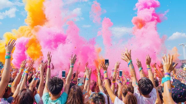 Vibrant Friends Sharing Live Updates at Festival - Ultra-Detail 32K Colorful Crowd Scene for Social Media,Generative AI