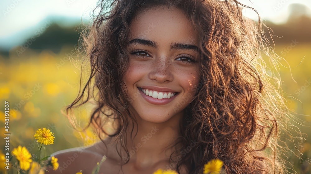 Poster A joyful young woman stands in a field filled with yellow flowers, her curly hair catching the sunlight as she beams at the camera, radiating happiness and warmth in the fresh afternoon air