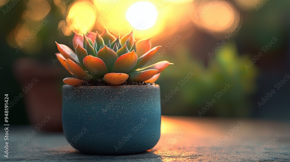 Poster the radiant colors of a succulent capture the fading sunlight as it sits in a textured pot, surround