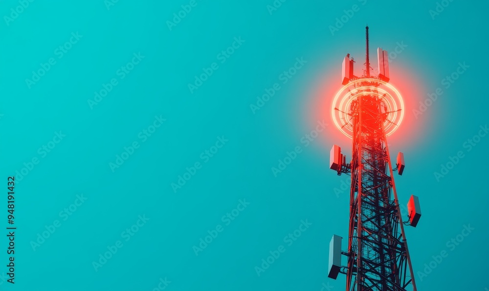 Poster wireless communication tower with red neon signal against a turquoise sky representing data transmis