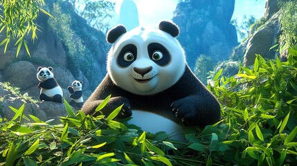 Curious Panda in Enclosure Engages with Welcoming Companions, Bamboo Forest Background, Ultra Realistic and Animated Aesthetics, Vivid Color Scheme