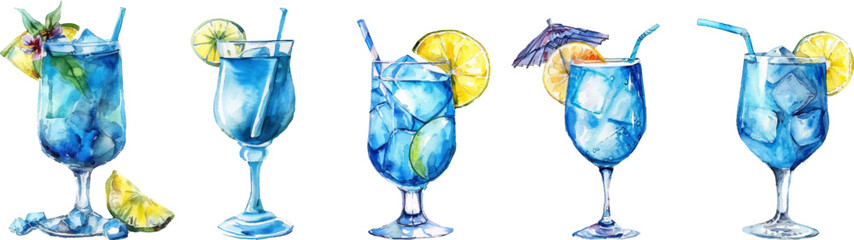 Set of cocktail glasses blue lagoon png. Watercolor glass glasses with blue lagoon, pieces of lemon and ice. Cocktails png. Vector illustration © Narin