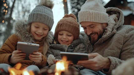 Obraz premium Happy Family Bonding in Countryside Cabin with Fireplace, 32K Ultra-Detail Technology - Quality Time with Tablets,Generative AI