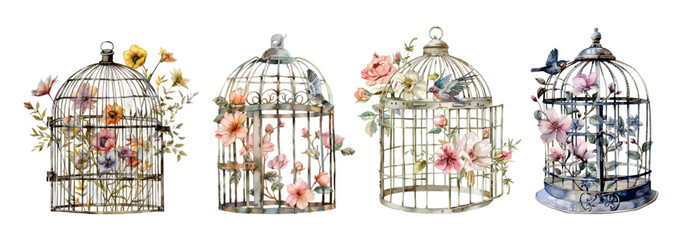 Set of watercolor bird cages with flowers png. A birdcage is filled with flowers and a flying bird nearby. Floral pastel watercolor style wedding vector illustration.