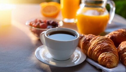 Continental breakfast with fresh croissants, orange juice and coffee, selective focuse.
