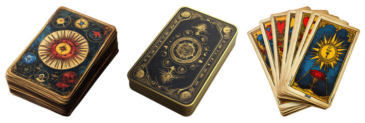 Assorted tarot cards with mystical designs isolated on transparent background