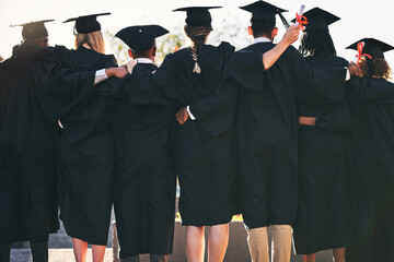 Graduation, hug and back of students with friends at university for education, opportunity or...