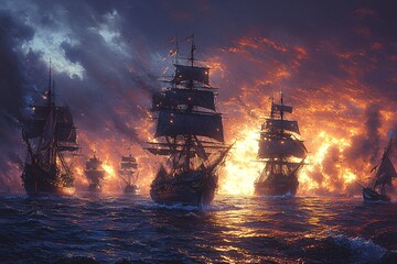 A dramatic Halloween-themed scene of pirate ships in flames, evoking adventure and suspense, perfect for Halloween promotions or themed events with copy space.