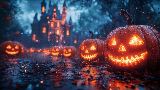 A captivating Halloween scene featuring glowing pumpkins in the foreground and a haunted castle backdrop, perfect for themed events, with copy space.