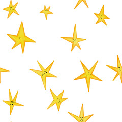 Digitally hand-drawn seamless pattern with motif of yellow stars with funny faces, transparent background