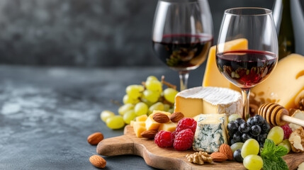 Obraz premium Selection of assorted cheeses, fresh fruits, nuts, and red wine served on a rustic wooden board, perfect for gourmet dining