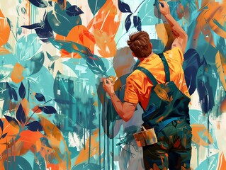 Fototapeta premium Painting, painting a mural, flat design illustration