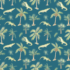 Tropical pattern with palm trees and crocodiles on a turquoise background, watercolor illustration, seamless design © FlowersForBear