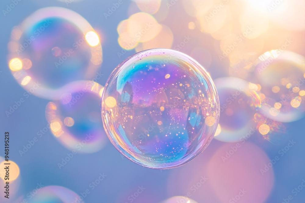 Poster abstract iridescent soap bubbles with bokeh background