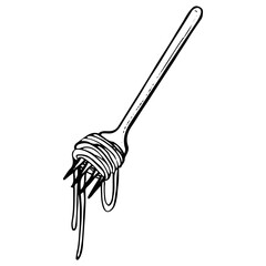 Spaghetti on fork hand drawn doodle. Macaroni long vermicelli. Pasta. Food made from wheat dough. Food product. Side dish. Grocery. Vector sketch line art illustration.