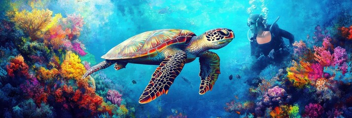 Diver with colorful beautiful coral reef with sea turtle