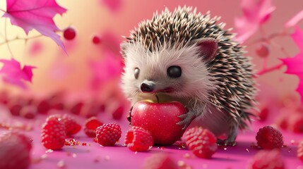 A cartoon hedgehog eats an apple with raspberries and leaves around it.