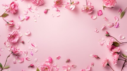 Pink Rose Petals and Flowers on a Pink Background