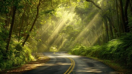 country road that curves gently through a lush forest, with sunlight filtering through the canopy above.