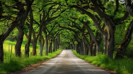 Naklejka premium scenic country road lined with tall oak trees, their branches forming a natural archway overhead.