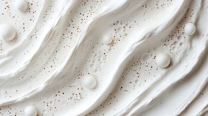 Macro close-up of a smooth, wavy white surface with textured elements and round shapes, creating a...