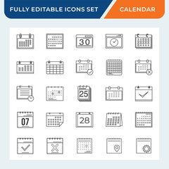 calendar date line icon set with editable stroke.