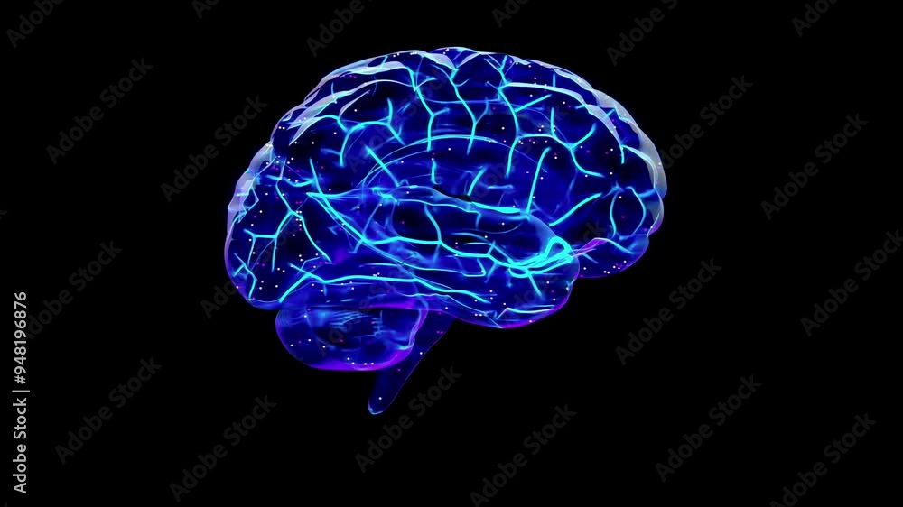 Poster Brain digital. Circuit board connections in brain. Animation seamless looping. Can be used in background elements related to technology or Artificial intelligence (AI). 3D Render.	
