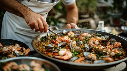 A chef in a white apron is preparing a delicious seafood paella in a large pan, featuring shrimp, mussels, and fresh vegetables, capturing the essence of culinary expertise and rich flavors.