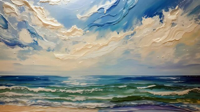 Parallax animation of expressive textured oil painting art of abstract seascape with sea waves on beach under cloudy sky. Animated modern palette knife artwork with thick smears and paint splashes.