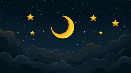 Whimsical Night Sky with Crescent Moon, Stars, and Clouds in Minimalist Style. Perfect for Posters, Backgrounds, and Banners with Ample Negative Space for Custom Text or Design Elements