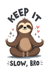 Happy sloth with a "Keep it slow, bro" caption, featuring a joyful and fun design. Perfect for promoting relaxation, positive thinking, and humorous content.
