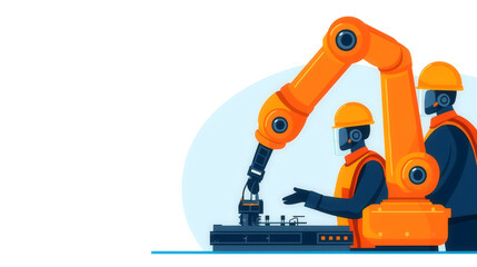 Naklejka premium Industrial robotics, technicians with safety gear, flat design illustration