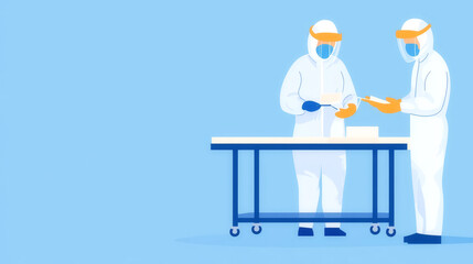 Aerospace manufacturing, workers with protective gear in cleanroom, flat design illustration