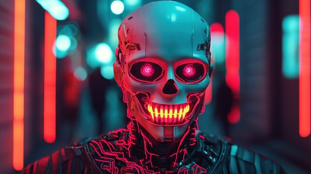 A futuristic robot with a skull design, featuring glowing red eyes and neon accents, set in a cyberpunk environment.
