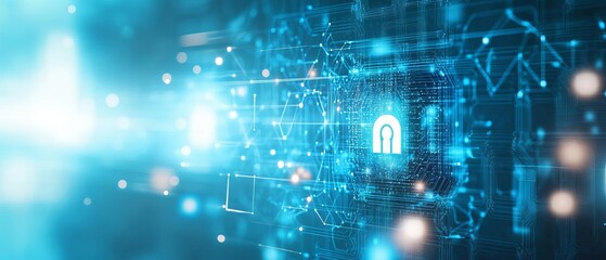 An abstract image of digital devices interconnected by secure credentials, with breach protection and proof of cybersecurity management floating around