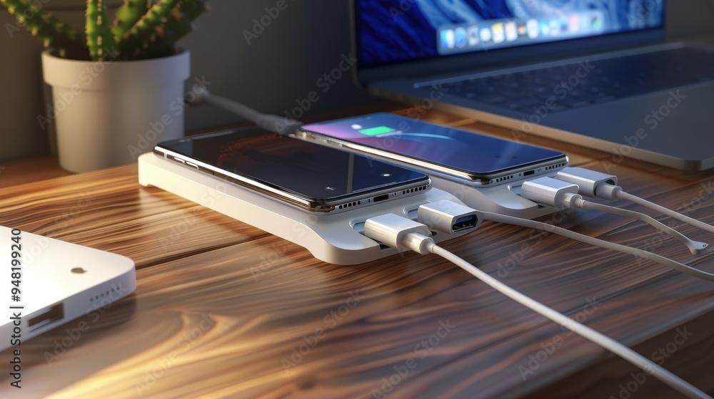 Poster design and functionality of multi-port phone chargers.