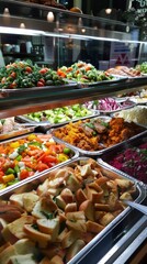 Obraz premium A buffet with diverse food categories like vegetables, fruits, meats, and desserts displayed in metal pans and trays. The setup is attractive with a color-coordinated theme.