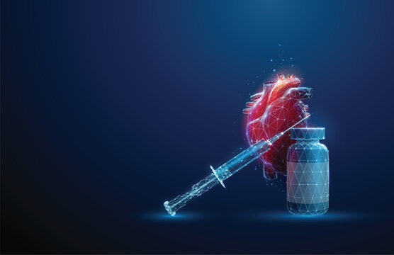 Bottle and syringe in front of red futuristic human heart. Heart diseases, medical treatment and pharmacy concept. Low poly hologram style.