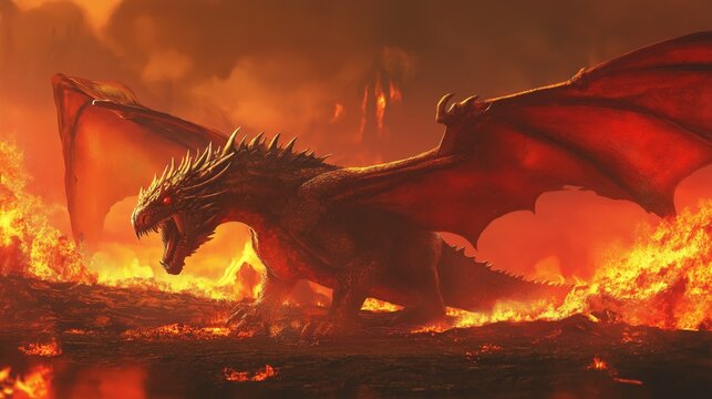 painting style illustration, fire dragon roaring with flame and smoke, 