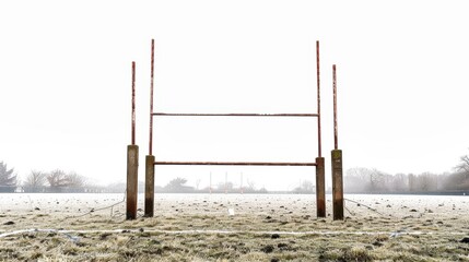 Rugby goal post standing on a frozen field in winter