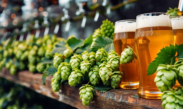 Experience the art of brewing as golden pints sit among fresh hops in a lively brewery, showcasing the blend of tradition and taste in every glass