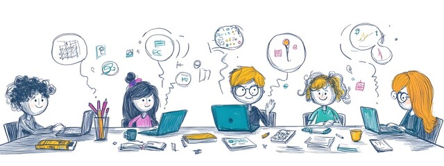 Students sitting around an office table, their laptops and digital devices in front of them, doodle style