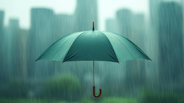 A solitary green umbrella stands out against a rainy city backdrop, symbolizing protection and serenity amidst the storm.
