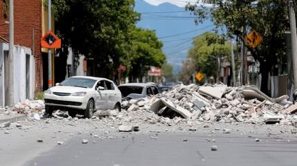 Fototapeta premium The corner wall of a building lies collapsed amid rubble and debris in the city center, showcasing severe earthquake damage to Mexican-style architecture