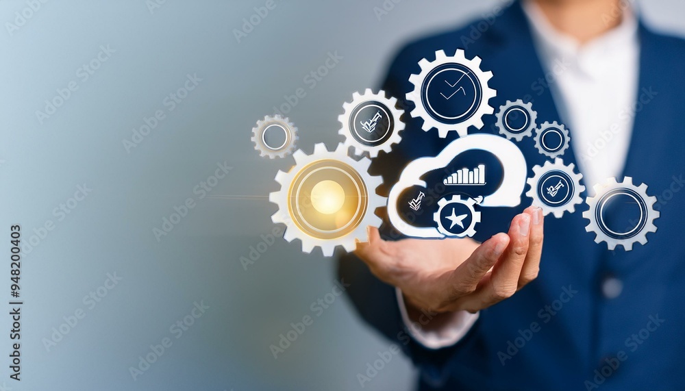 Aufkleber successful business development plan. path to success with gears from starting with vision and idea,
