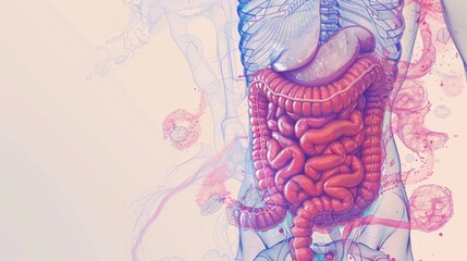 Image depicts male digestive system with key organs highlighted in pink/red on beige background. Illustrations of viruses and bacteria around model. Tranquil yellow gradient.