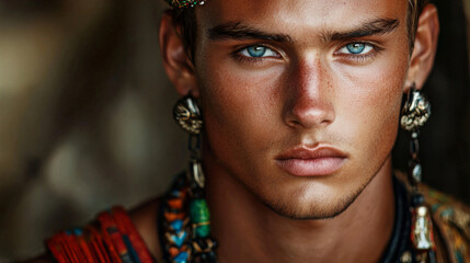 A man with blue eyes and a tan complexion is wearing a colorful necklace