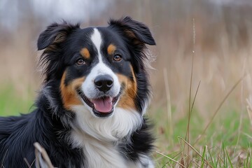 Fototapeta premium A happy dog enjoying the outdoors, standing on green grass with a blurred background, exuding joy and contentment.