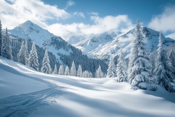 A breathtaking mountain landscape covered in snow, surrounded by tall pine trees under a clear blue sky.