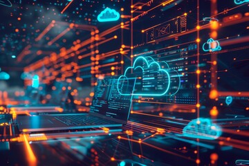 Obraz premium Digital cloud network with glowing lines, representing cloud computing, data management, and technological innovation